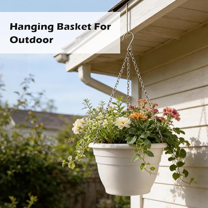 Hanging Planters 10 Inch, 4 Pcs Flower Pots with Drainage Hole, Self Watering Hanging Basket for Indoor Outdoor Plants, Decor, White