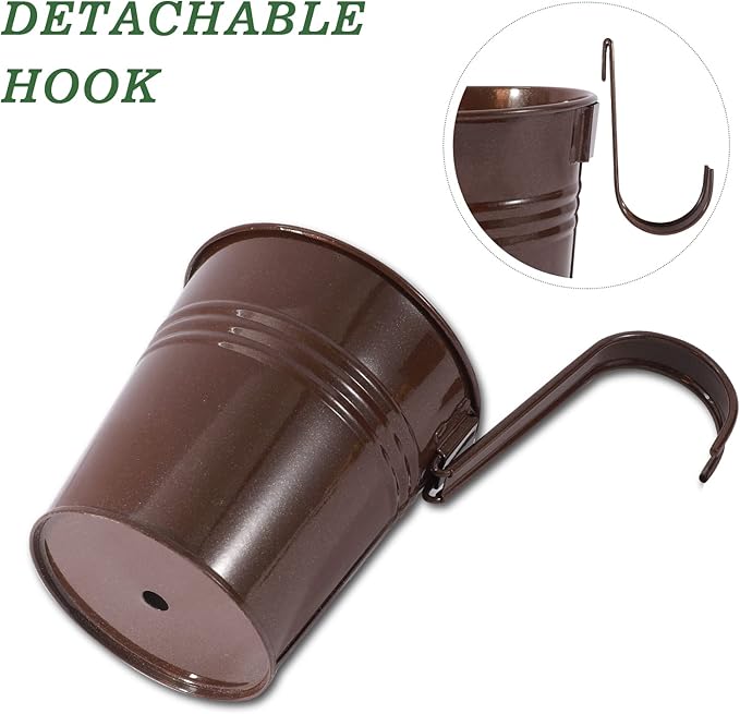 HowRU Metal Iron Flower Pots for Railing Fence Hanging Bucket Pots(5 Pcs) and Hanging Flower Pots Metal Iron Bucket Planter(10 Pcs) (Bronze)