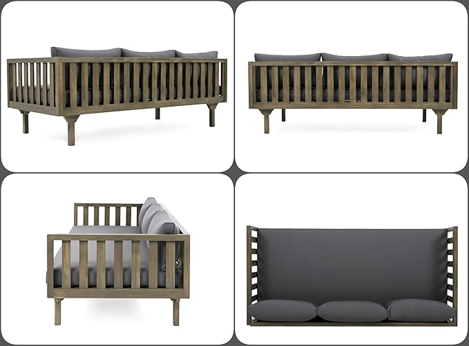 Merax Outdoor 3 Seater Daybed, Acacia Wood Day Bed Couch Sofa with Cushions for Patio Backyard, Garden, Dark Grey