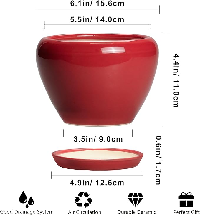 6 Inch Plant Pot - Glaze Modern Ceramic Planter for Indoor Plants, Succulent Pot with Drainage Hole and Saucer, Office Garden Home Decor, Housewarming Gift, Red