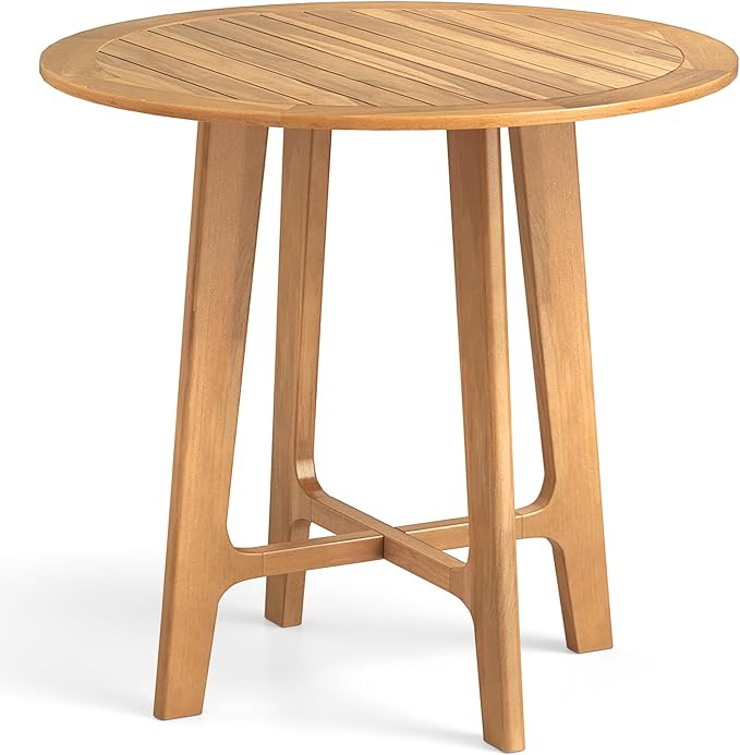 Tangkula 31.5" Round Patio Dining Table, Teak Wood Outdoor Dining Table with Slatted Tabletop, X-Shaped Frame & 4 Sturdy Supporting Legs, Indoor or Outside Table for Deck, Garden, Poolside & Backyard