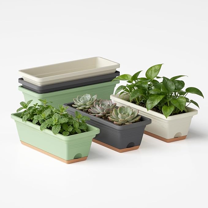 Window Box Planter, 6 Pack Plastic Vegetable Flower Window Planters Boxes 16 Inches Rectangular Flower Pots with Drainage Holes and Saucers (Mixcolor)