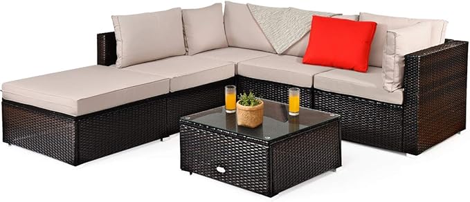 Tangkula 6 Piece Patio Furniture Set, Outdoor Deck Lawn Backyard Durable Steel Frame PE Rattan Wicker Sectional Sofa Set, Conversation Set with Coffee Table (Beige)