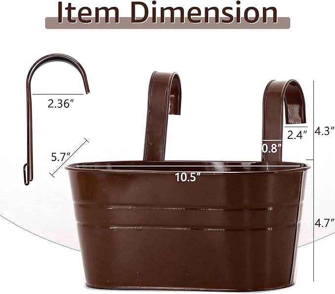 3 Pack Metal Railing Planters, 10.5" Oval Hanging Flower Pots with Detachable Hooks & Drainage Holes, Fits Rails up to 2.36", Galvanized Iron Fence Bucket for Balcony Garden Patio - Chocolate