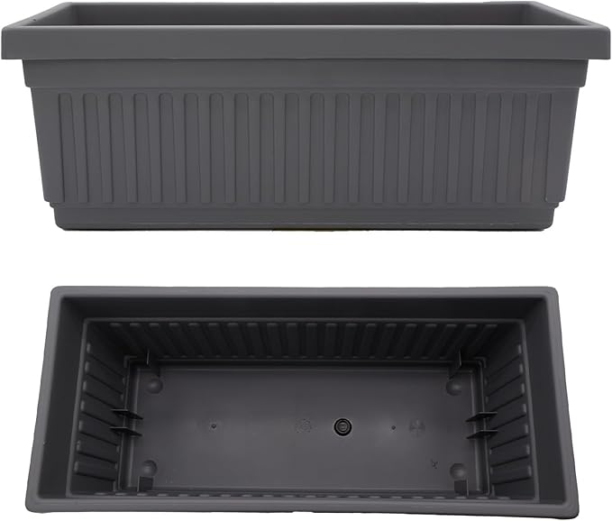 The HC Companies 30 Inch Venetian Rectangular Window Planter Box - Lightweight Plastic Indoor Outdoor Plant Pot with Drainage for Windowsill, Herbs, Flowers, Warm Gray (Pack of 5)