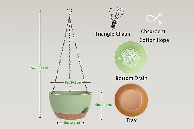 Hanging Planters 3-Pack, 8 Inch Self-Watering Hanging Pots with Drainage Hole and Chains, Plastic Planters for Indoor Outdoor（Green Brown）