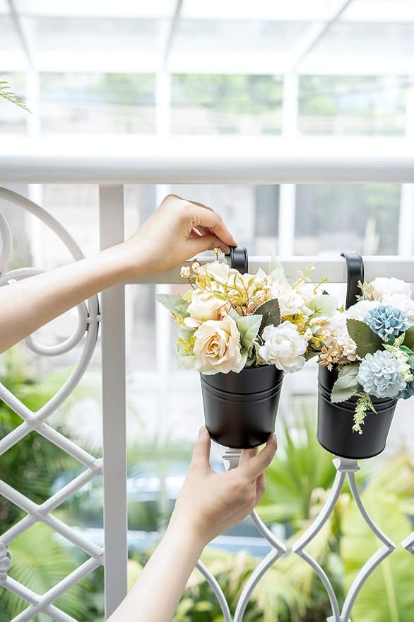 Dahey 10 Pcs Small Hanging Flower Pots Metal Iron Bucket Planter for Railing Fence Balcony Garden Home Decoration Flower Holders with Detachable Hooks, Black, 4 Inches