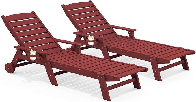 SERWALL Patio Chaise Lounge Chair Set of 2, 78'' Long 5-Positions Adjustable HDPE Outdoor Lounger for Pool, Poly Lounge Chair with Rolling Wheels & Cup Holder for Poolside, Deck, Dark Red