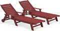 SERWALL Patio Chaise Lounge Chair Set of 2, 78'' Long 5-Positions Adjustable HDPE Outdoor Lounger for Pool, Poly Lounge Chair with Rolling Wheels & Cup Holder for Poolside, Deck, Dark Red