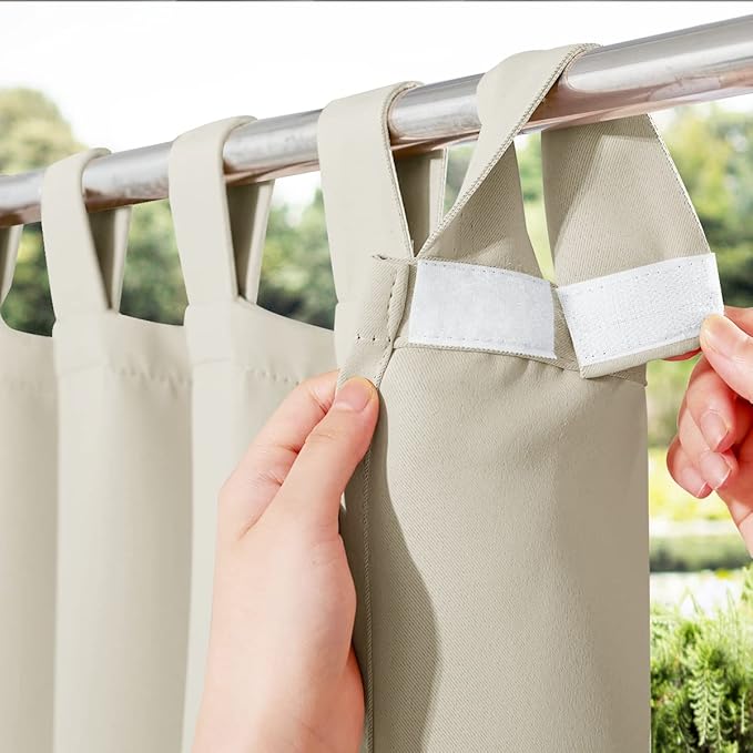 NICETOWN Detachable Sticky Tab Top Outdoor Curtain for Patio Waterproof, Triple Weave Sun Block Wind Prevention Blackout Indoor Outdoor Drapes Keep Sun/Rain Out, Beige, W52 x L108, 1 Piece