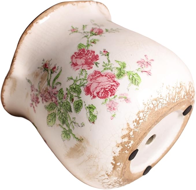 Shabby Chic Flower Pot, 6.11 Inch Ceramic Planter with Drainage for Indoor Plants, Vintage Ceramic Vase, Country Chic Spring Garden Home Decor, Pink Rose Floral