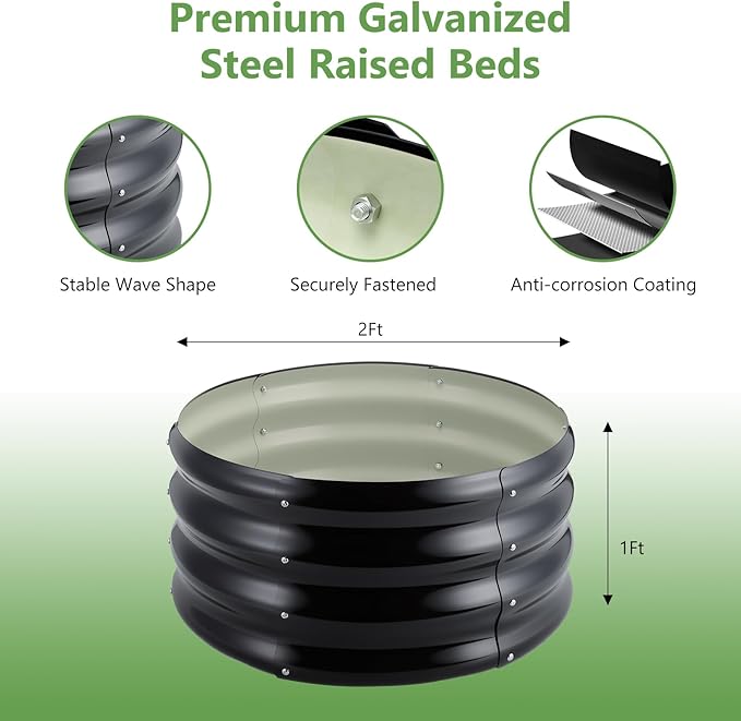 3 Pcs 2x2x1ft Round Galvanized Raised Garden Bed Planter Boxes Outdoor with Easy Assembly, Metal Raised Beds for Vegetables, Fruits, Flowers (Galvanized, Black, Green)