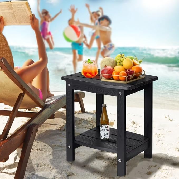 Y&M Outdoor Side Table, HIPS Adirondack Small Double Layer Table, Waterproof Square Outside Table, Balcony Modern End Tables for Patio, Pool, Beach, Porch, Deck, Indoor or Outdoor Use, Black