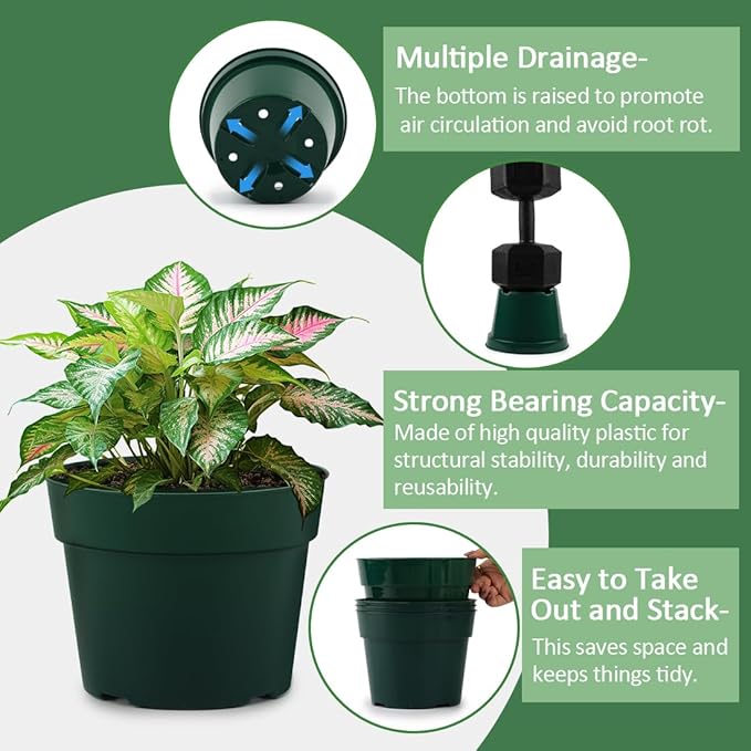 15 Pack 4/6/8 Inch Plant Nursery Pots, Sturdy Plant Pots with Drainage Holes, Ideal for Seedlings, Indoor/Outdoor Use, Green