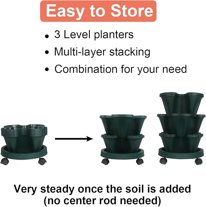 DUNCHATY Stackable Planter, Vertical Garden Planter with Wheels and Tools, Self Watering Strawberry Planter Indoor/Outdoor 3 Tier Herb Planter Pots for Growing Vegetables and Succulents,Pine Green
