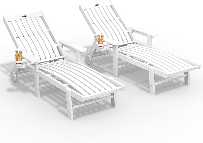 Patio Chaise Lounge Chair Set of 2, Oversized Lounge Chair Outdoor with 5 Positions, HDPE, Patio Lounge Chair with Wheels & Cup Holder for Pool, Deck, Poolside,White