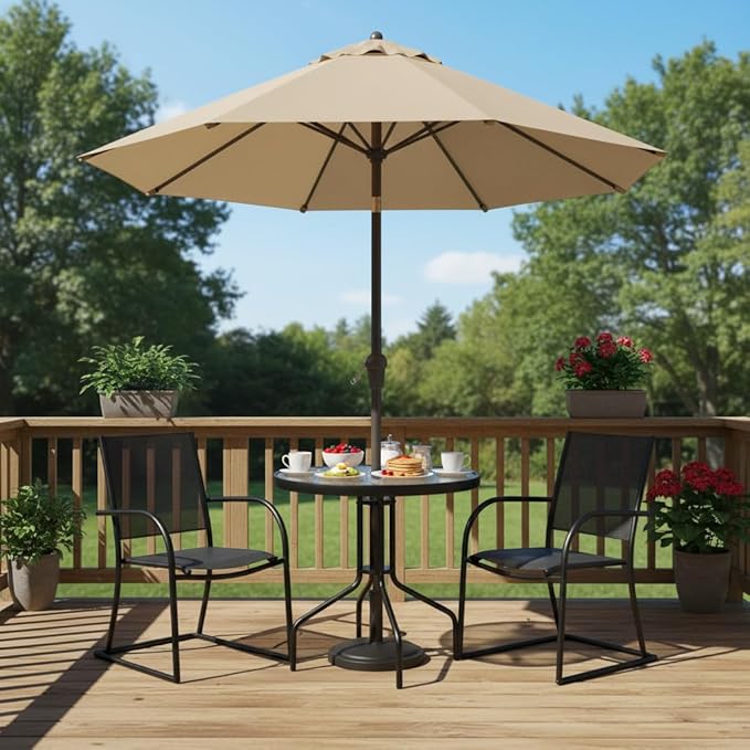 Tangkula 27.5 Inch Round Outdoor Dining Table with Tempered Glass Top, Outside Bistro Table with Umbrella Hole & Metal Frame, Patio Dining Table for Backyard, Lawn, Deck & Poolside