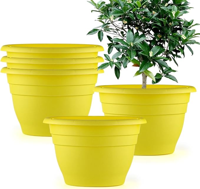 10 Inch Plant Pots Set of 5,Lightweight Plastic Planters with Drainage Holes & Plugs,Durable Plant Containers for Indoor Outdoor Houseplants,Flowers,Patio & Garden(Yellow)
