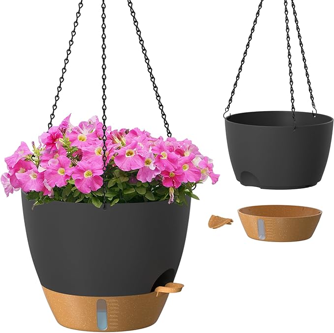 ZMTECH 12 Inch Hanging Planters for Indoor Outdoor Plants, 2 Pack Self Watering Hanging Plant Pots with Drainage Hole, Visual Reservoir, Plastic Flower Hanging Pots with Watering Lip (Black)