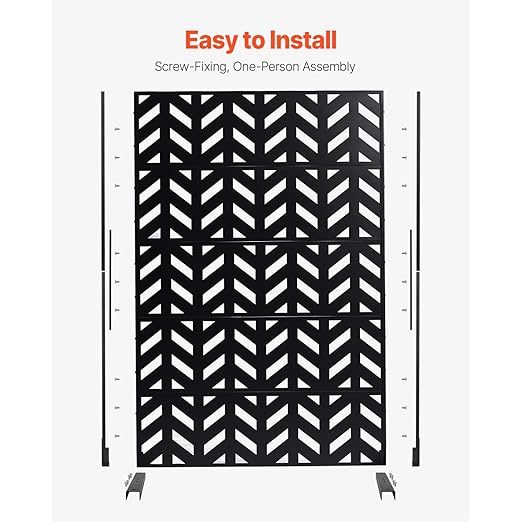 VEVOR Metal Privacy Screen, 47" W x 72" H, Outdoor Privacy Screens 5-Panel, Freestanding Outdoor Divider with Stand, Decorative Garden Steel Privacy Fence for Balcony Patio Indoor Room Black