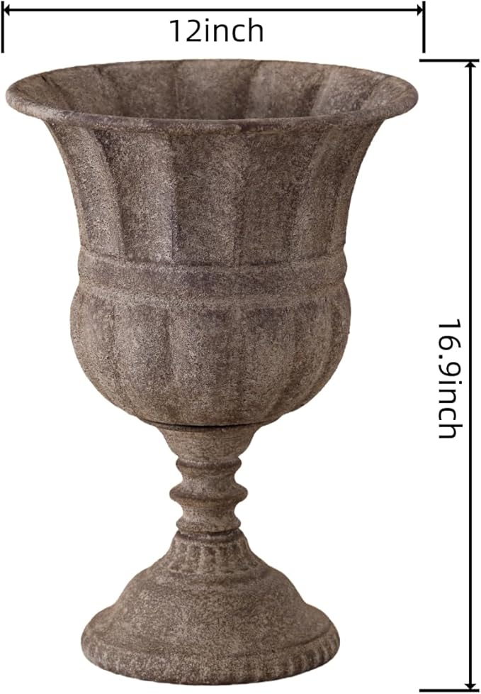 Vintage Urn Planter with Embossed Pattern, Imitation Stone Finish Flower Pot, Distressed Classic Plant Pot for Outdoor Indoor Home Garden Patio Front Porch Entryway（12 * 17 in）