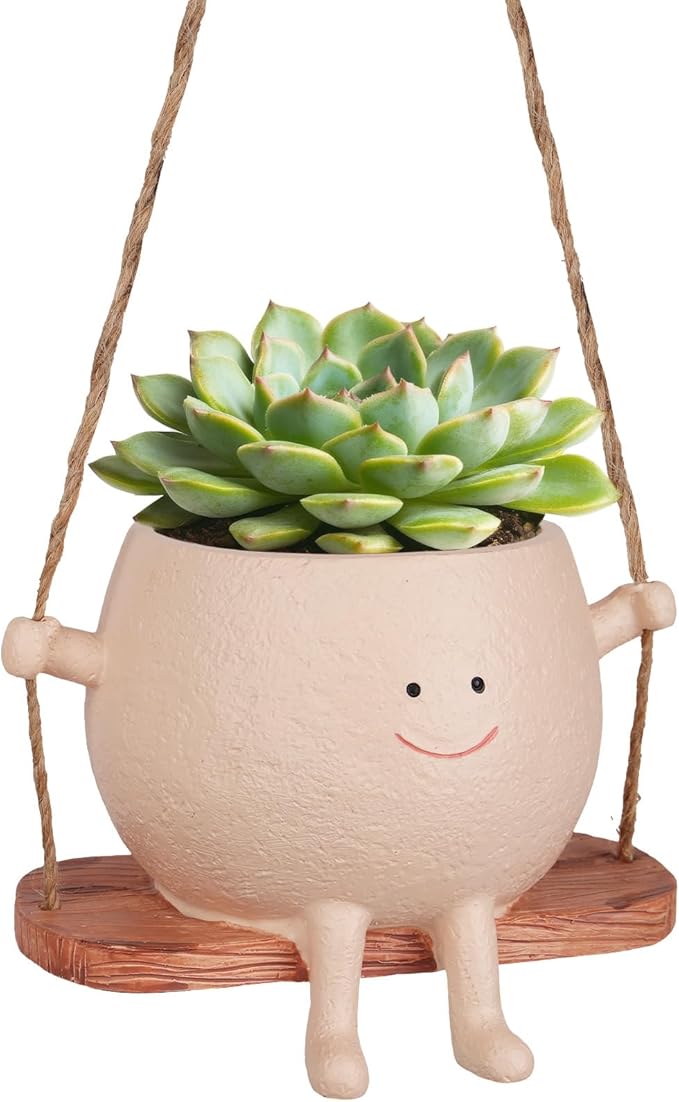 AFFLAT Smiley Face Flower Pot,Swinging Hanging Planter,Resin Smiley Face Hanging Pot,Cute Swinging Planter with Unique Design,Suitable for Indoor & Outdoor Decoration,an Ideal Gift for Festivals