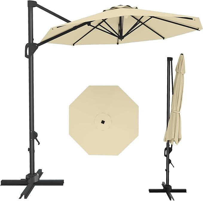GarveeLife 10FT Patio Umbrella Outdoor Large Cantilever Umbrella Market Sun Shade Windproof Offset Umbrella with 360-Degree Rotation for Garden Deck Pool Patio, Beige