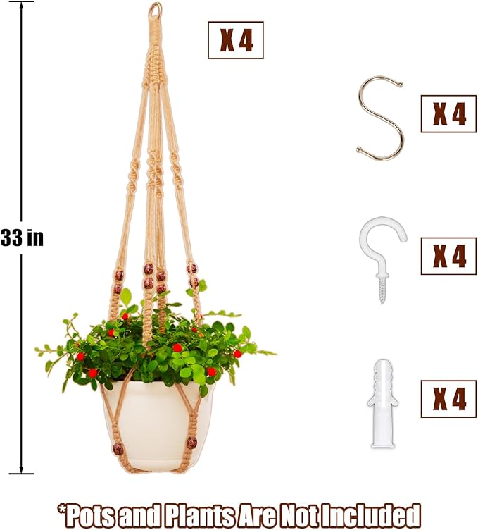 Macrame Plant Hanger Indoor Set,Hanging Planters for Indoor Plants Outdoor,Hanging Plant Holder Basket Pot with 8 Hooks,Boho Home Decor Crochet Beads Window Ceiling,No Tassels 4 Pack,Brown