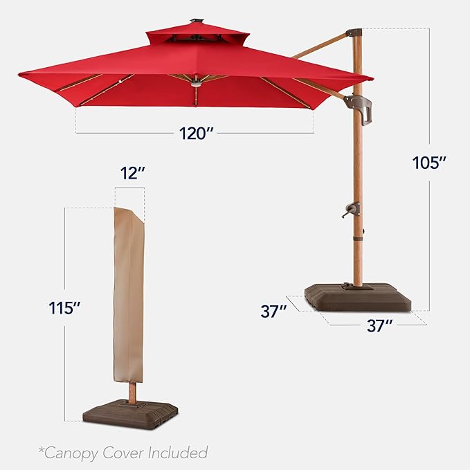 Best Choice Products 10ft Square Cantilever Patio Umbrella w/Base Included, Woodgrain Pattern Pole & Solar LED Lights, 360-Rotation, Offset Hanging Outdoor Shade - Red