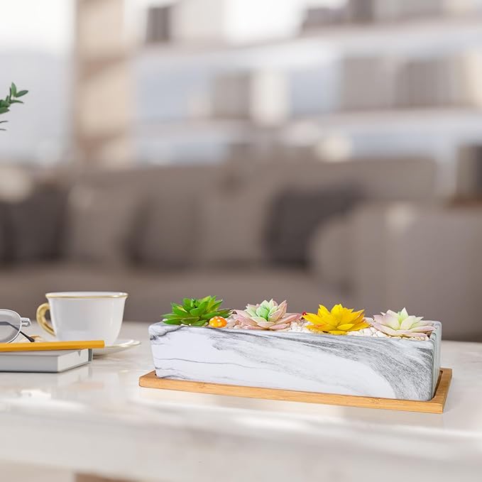 Succulent Pots - 12.1 Inch Large Succulent Pots with Drainage Tray, Window Sill Planter, Long Rectangle Ceramic Pots for Indoor Cactus/Succulent Plants Shallow Bonsai Window Box for Home Garden Decor