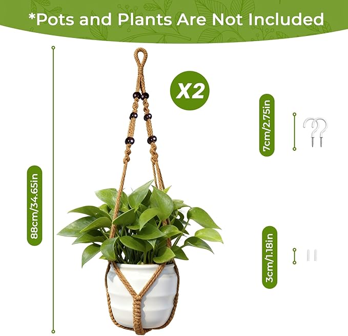 Macrame Plant Hanger, Up to 4-15 inch Pots, Wood Beads Cotton Hanging Planter Holder for Indoor Outdoor Boho Home Decor, 35 Inch, Set of 2 (Brown)