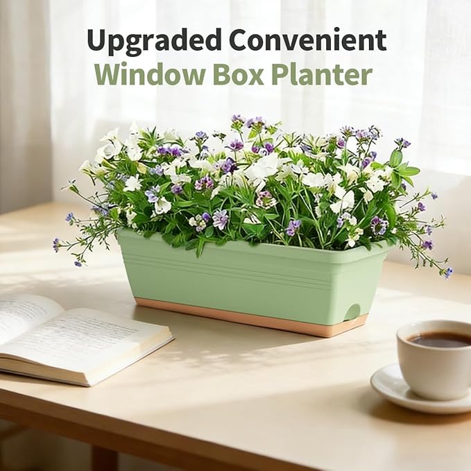 Window Box Planter, 6 Pack Plastic Vegetable Flower Window Planters Boxes 16 Inches Rectangular Flower Pots with Drainage Holes and Saucers (Mixcolor)