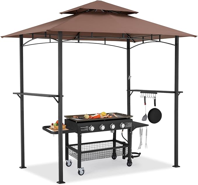 AECOJOY 8' x 5' Outdoor Grill Gazebo Canopy, BBQ Canopy for Outdoor Grill, 2- Tier BBQ Grill Gazebo Shelter for Patio, Backyard and More (Brown)