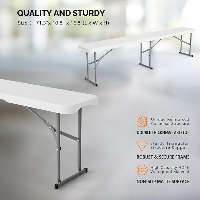 VINGLI 6 feet Plastic Folding Bench,Portable in/Outdoor Picnic Party Camping Dining Seat, Garden Soccer Multipurpose Entertaining Activities, Smooth HDPE Tabletop, 2 Pack, White