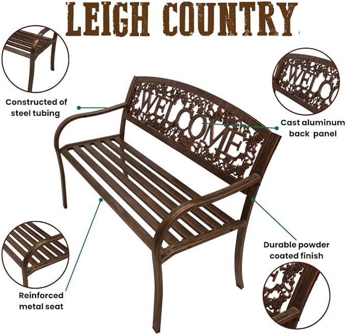 Leigh Country Metal Outdoor Bench, Welcome Design, Decorative Patio Seating for Porch/Deck