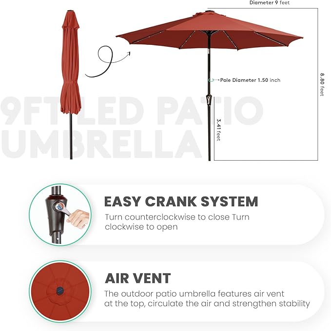 JEAREY 9FT Outdoor Patio Umbrella with Solar Lights, LED Lighted Pool Umbrella with Tilt and Crank, Outdoor Table Umbrellas for Deck, Yard & Market (Red)