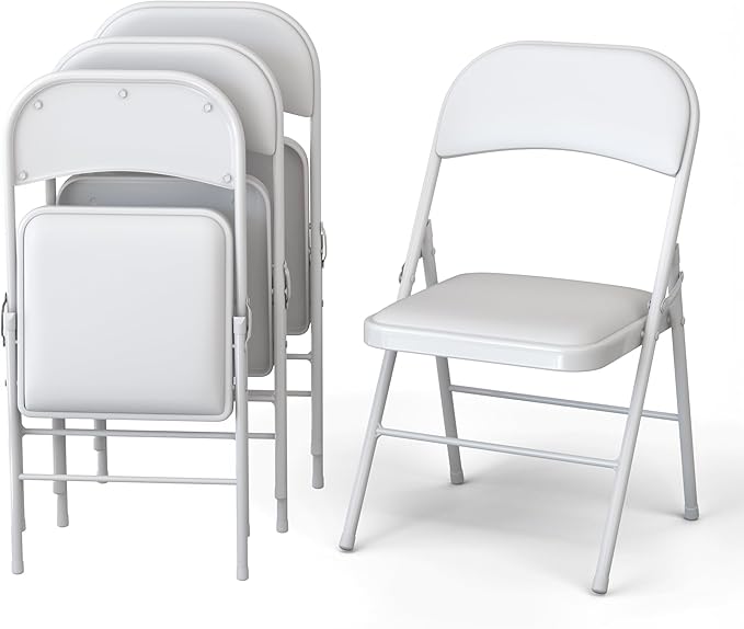 4 Pack Leather Chair | Foldable & Stackable | 350 lbs Capacity Steel Frame Seats for Indoor or Outdoor | Commercial Use Events Wedding Party Events Bulk Picnic Kitchen Dining - White