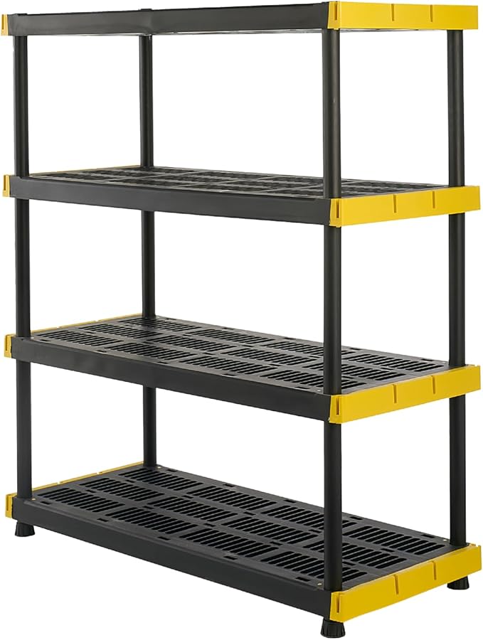 CX Black & Yellow, 4-Tier Heavy Duty Plastic Storage Shelves that Support up to 200lbs/shelf, Organization and Storage, Weather-Resistant Design, Easy Assembly (55"H x 48"W x 20"D)
