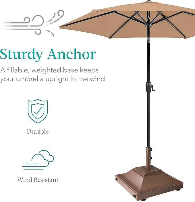 Best Choice Products Fillable Mobile Umbrella Base, Heavy Duty Base, Square Tiered Market Stand for Patio, Deck, Outdoor w/ 4 Wheels, 2 Locks, 2 Knobs, 120lb Capacity - Brown