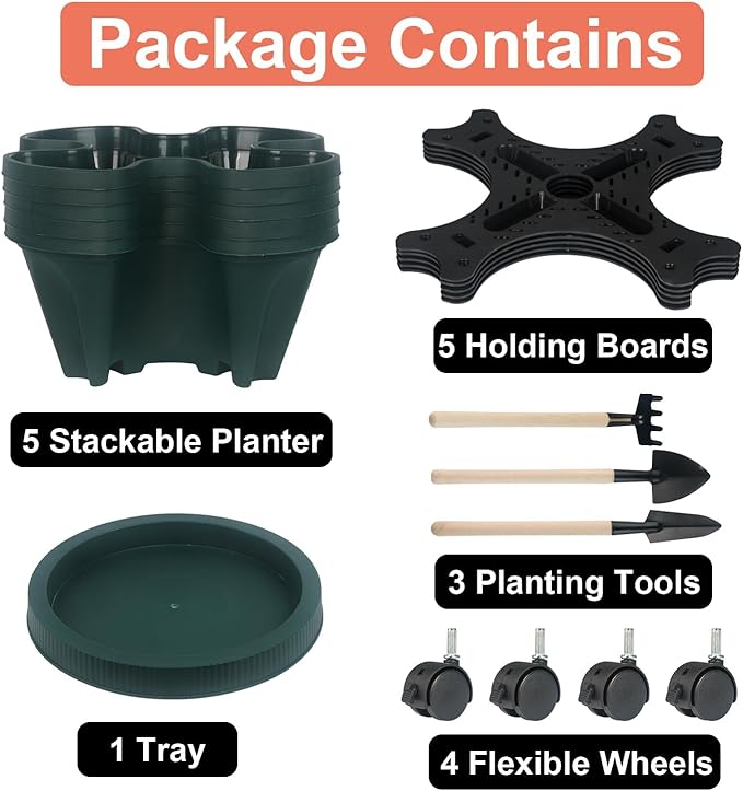 GameXcel Vertical Planter 5 Tier Stackable Planters Garden Planters Strawberry Herb Flower and Vegetable Planter Indoor Outdoor Gardening Pots with Removable Wheels and Tools - Green