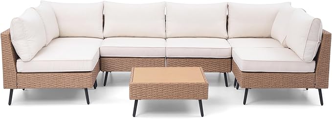 LAUSAINT HOME Outdoor Patio Furniture, 7 Piece Outdoor Sectional Sofa PE Rattan Wicker Patio Conversation Sets, All Weather Patio Furniture Set with Thick Cushions for Garden, Backyard(Beige)
