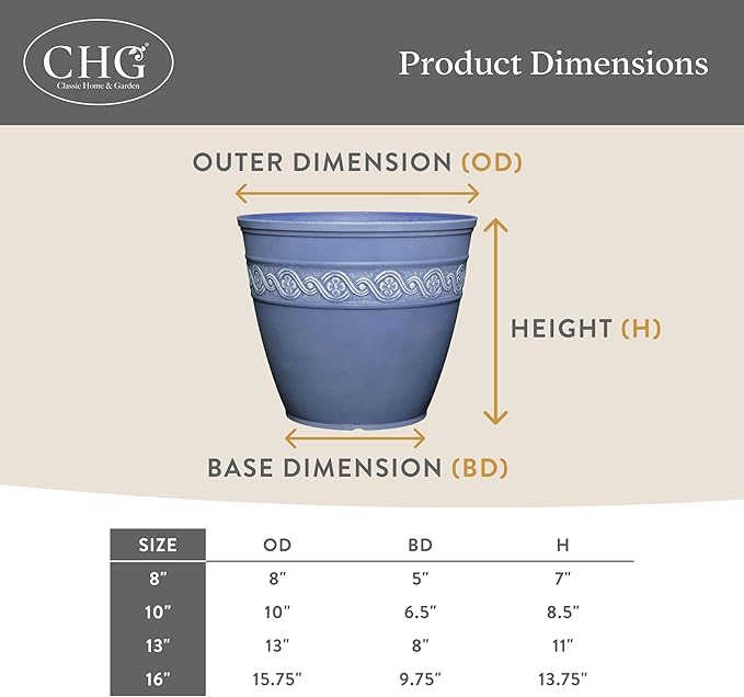 Classic Home and Garden Corinthian Round Resin Flower Planter Pot, Slate Blue 8" (Pack of 3)