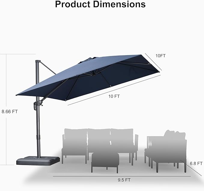 PURPLE LEAF Patio Umbrella 10' X 10' Rectangle Cantilever Umbrella Large Aluminum Outdoor Umbrellas with 360-degree Rotation & UPF40+ Premium Fabric for Deck Pool Garden Yard, Ocean Slate