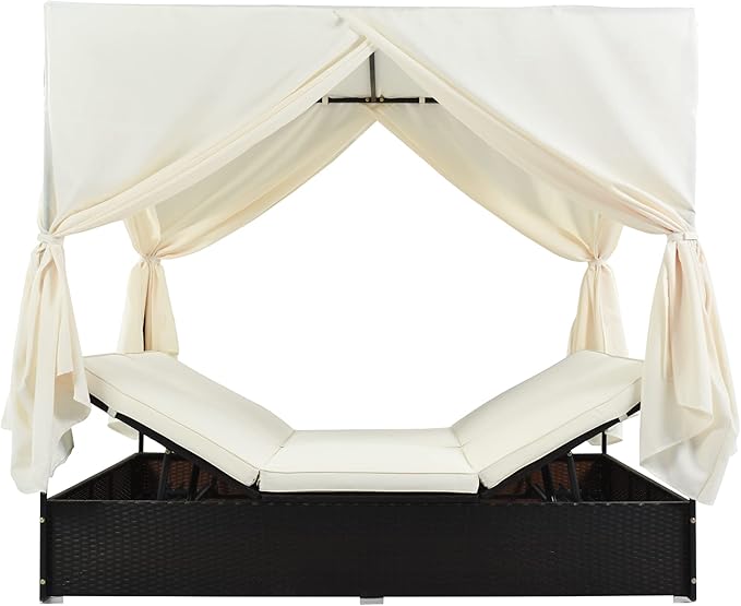 Patio Chaise Lounge, PE Rattan Outdoor Patio Wicker Sunbed Daybed with Adjustable Seats, Four-sided Canopy, Overhead Curtain and Beige Cushions for Backyard, Garden, Poolside (for 2-6 people)
