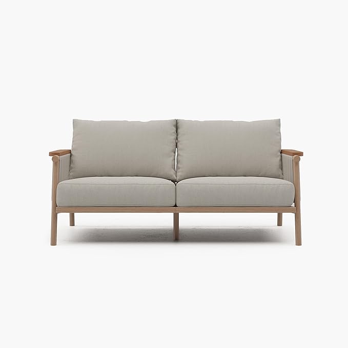 Acanva Modern All-Weather Aluminum Outdoor Patio Sofa with Thick Cushions, Olefin Fabric Sunroom Backyard Furniture, Loveseat Light Khaki