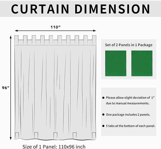 Easy-Going Outdoor Patio Curtains Detachable Tab Top Windproof Weatherproof Curtain for Cabana, Porch, Pergola and Gazebo, Tab Bottom Drape, 2 Panels, 110W x 96L inch, Green