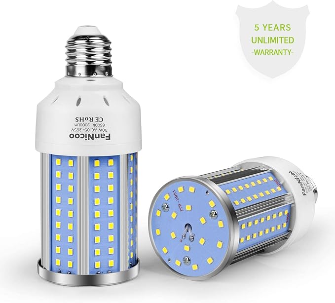 2-Pack 200W Equivalent LED Corn Light Bulb 3000 Lumen 6500K Cool White Daylight 30W LED Corn Lamp E26/E27 Medium Base for Indoor Outdoor Warehouse Garage Basement Backyard Factory Barn and Many Areas