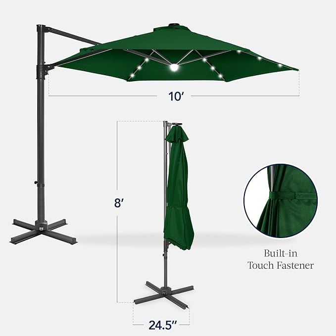 Best Choice Products 10ft Solar LED Offset Cantilever Hanging Market Patio Umbrella, Smooth 360° Rotation, 8 Sturdy Ribs, Easy Adjustment - Green