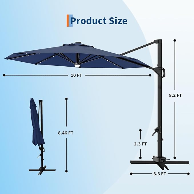 Garvee 10 ft Cantilever Patio Umbrella with Solar Lights, 360° Rotation Offset Umbrella, Easy Crank & Tilt Adjustment, UV Protection for Backyard, Poolside, Deck -Navy Blue