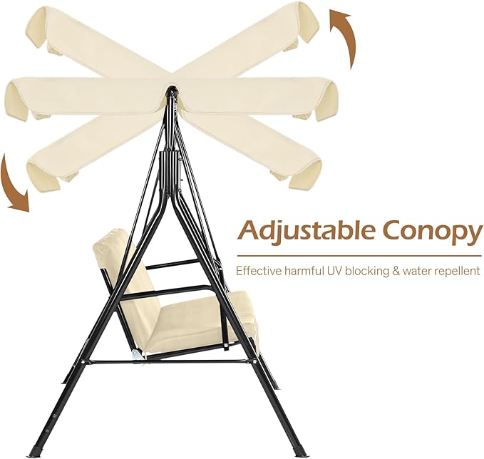 AECOJOY Porch Swing with Stand, 3-Seat Outdoor Clearance Porch Swings for Adults, Outdoor Patio Swing with Adjustable Canopy & Removable Cushion for Backyard, Garden, Balcony, Beige